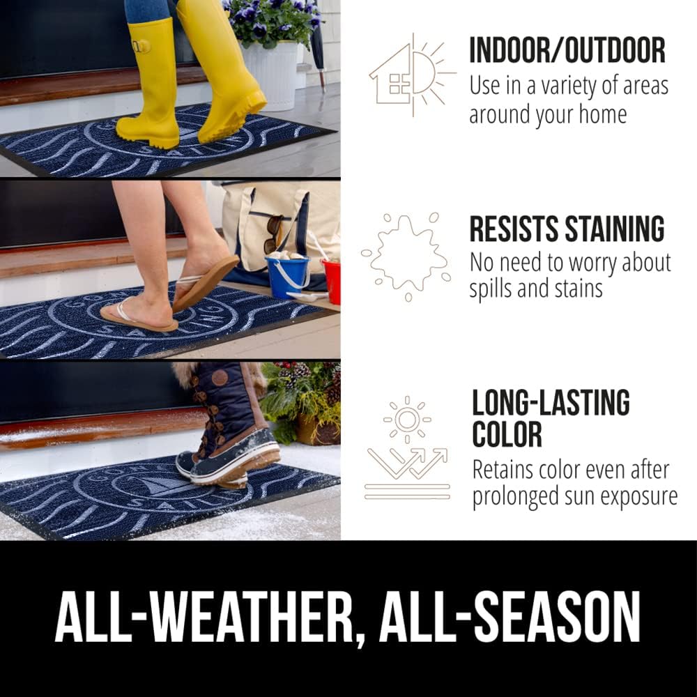 GORILLA GRIP 100% Waterproof All-Season WeatherMax Doormat 35x23, US Designed Natural Rubber, Stain and Fade Resistant, Low Profile Indoor Outdoor Door Mats, Easy Clean Patio Mat, Blue Sailing