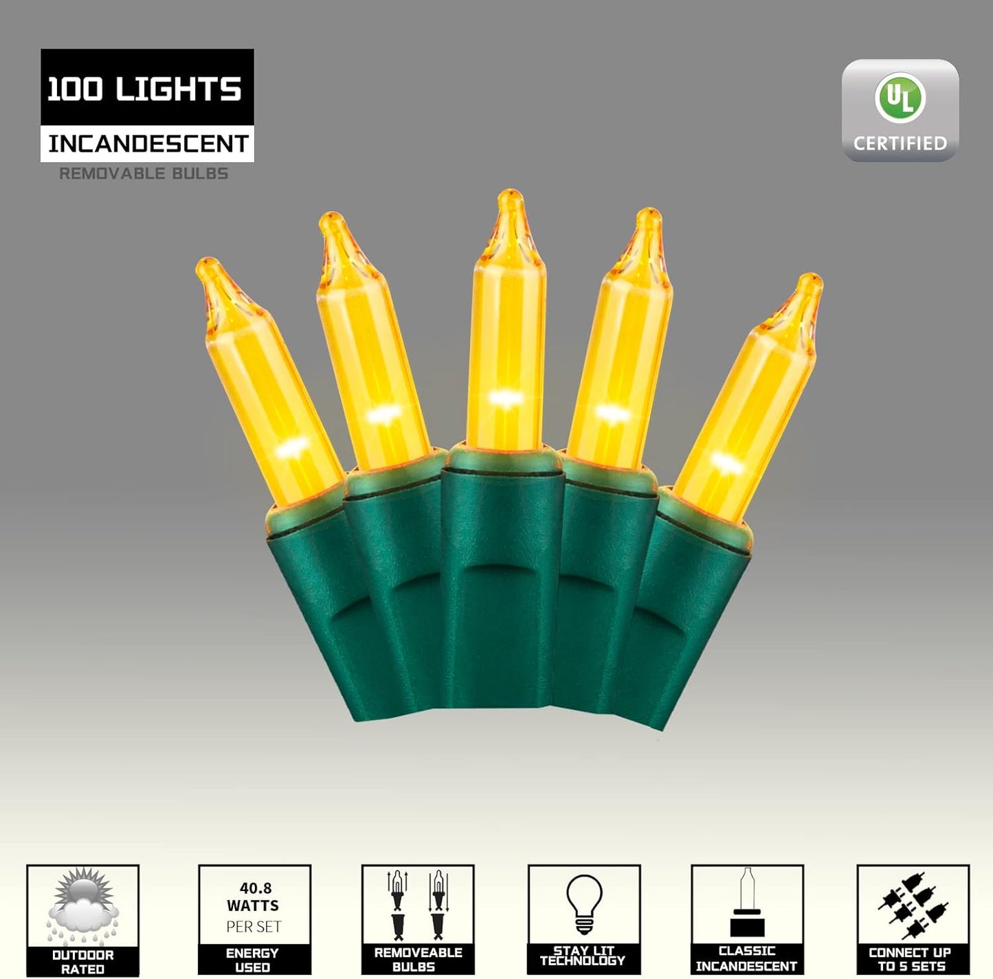 100LIGHTS Yellow Extra-Bright with End Connectors Christmas Decorative Lights 5.98m UL Certified Mini String Light Set Waterproof for Home Garden Holiday Christmas Tree Party Patio Wedding