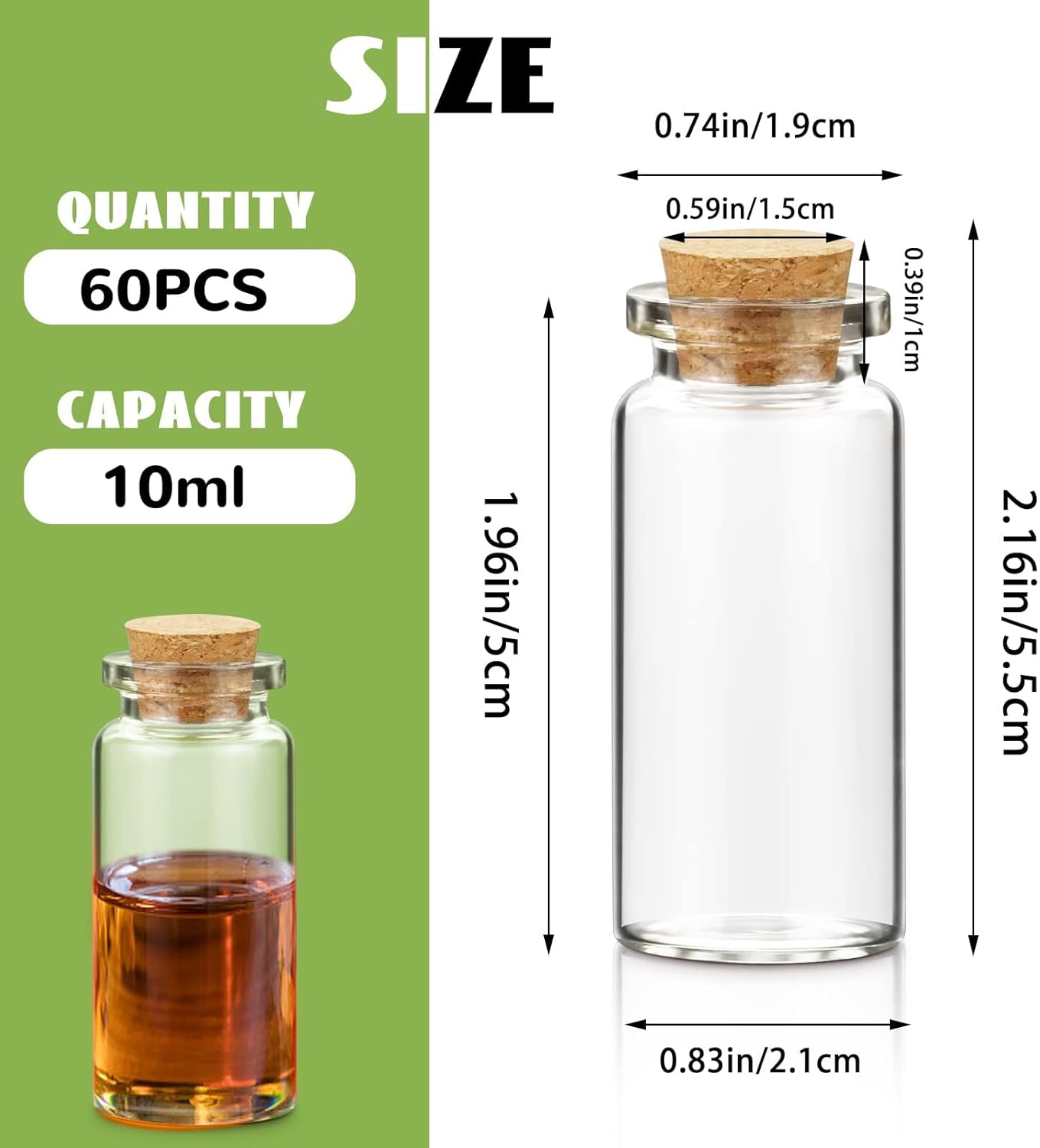 WFPLUS 60 Pcs 10ml Small Glass Bottles with Cork Stopper - DIY Mini Glass Jars, Tiny Clear Vials with Cork for Display Art Crafts Decoration Wedding Party Supplies