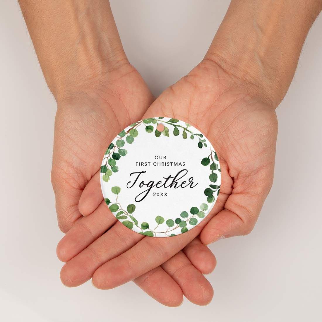 Andaz Press Custom Year Round Ceramic Porcelain Christmas Tree Ornament Keepsake Collectible Gift, Our First Christmas Together 2025, Farmhouse Eucalyptus Wreath, 1-Pack