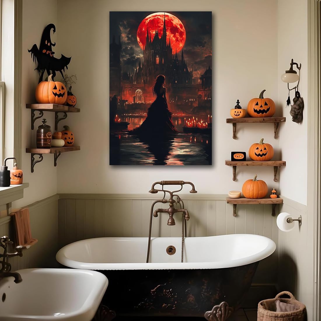 Halloween Witch Poster Canvas Prints Art Vintage Decor,Red Castle Blood Moon and Witch Scene Gothic Painting,Rustic Dark Academia Wall Art for Bathroom Spooky Living Room Wall Decor,8"x12" Framed