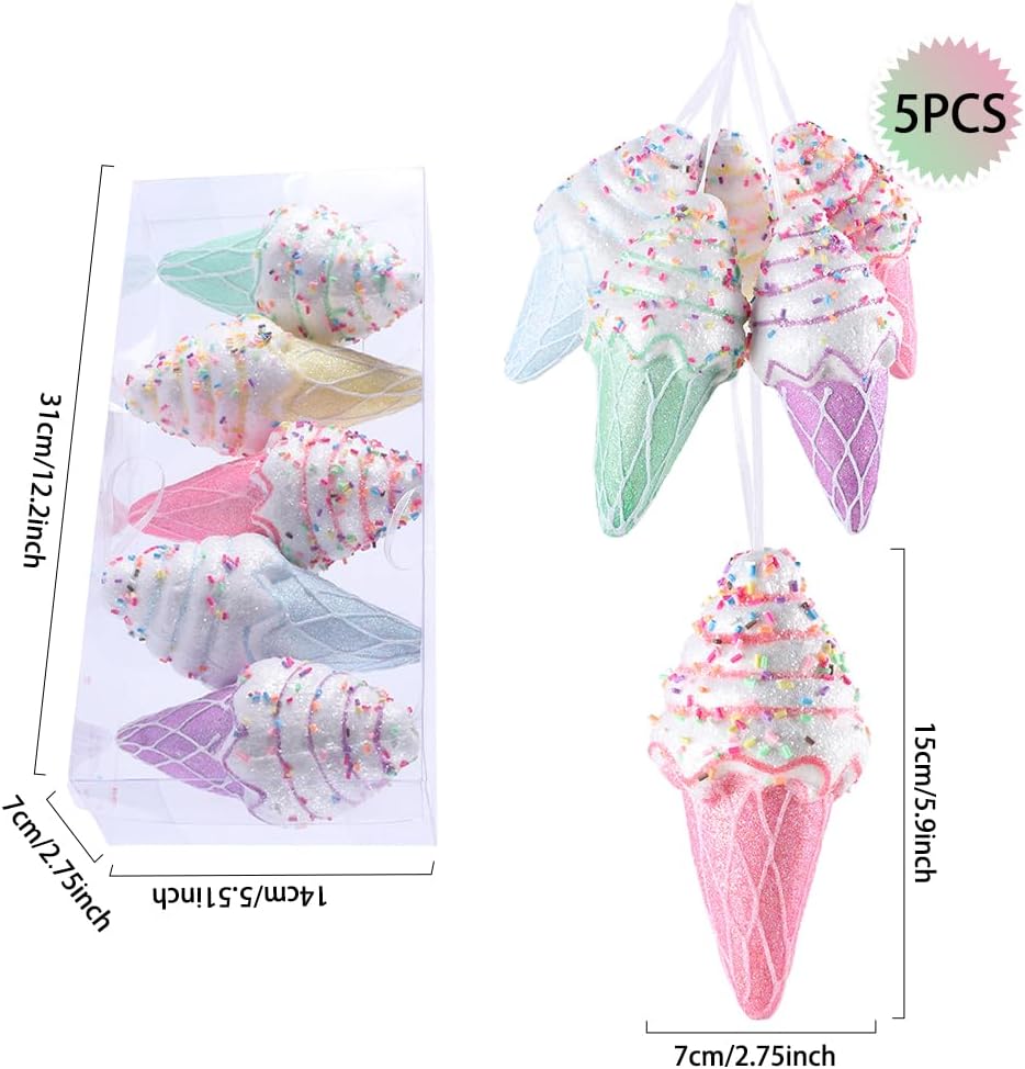 Macaron Color Dessert Ice Cream Pendant Set - 5pcs Christmas Tree Hanging Candy Gift for Xmas, New Year, Birthday Parties