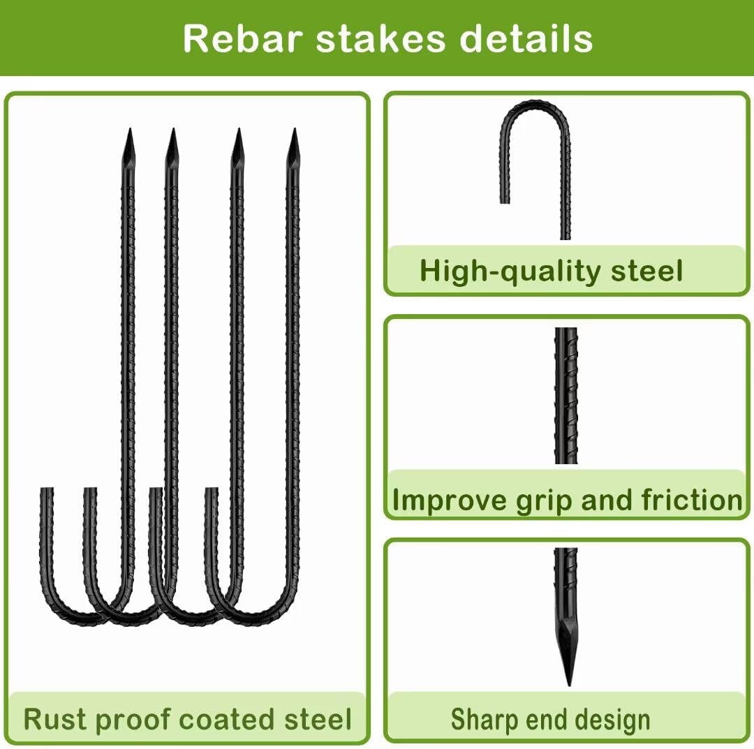 Ground-Stakes-Heavy-Duty-12 inch, J-Hook Rebar Stakes Black Coated Anti-Rust 6pcs Garden Stakes Metal Ground Anchors for Garden Dog Fence Chicken Coop Christmas Decorations Deer Fence