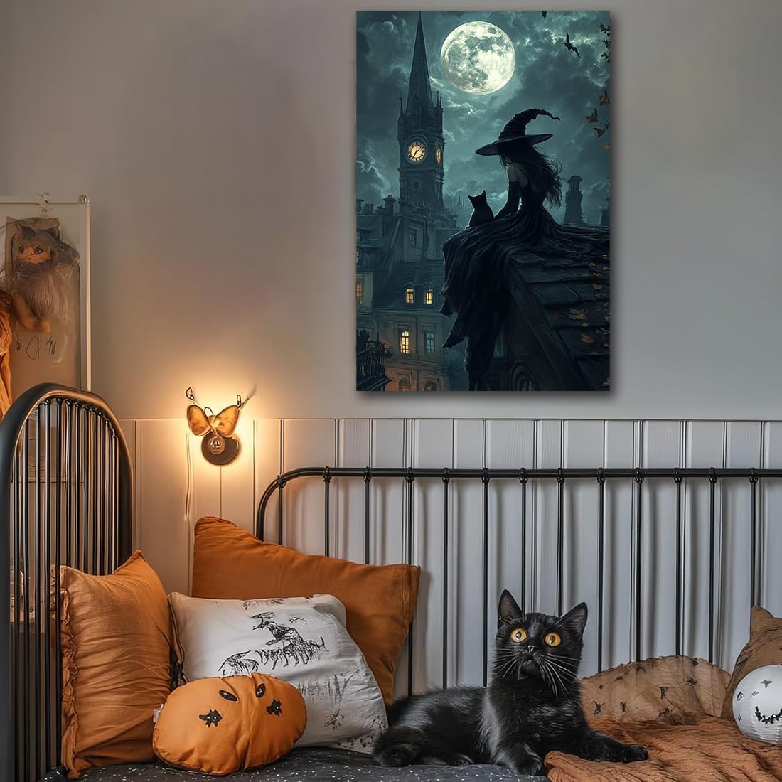 Halloween Witch Black Cat Wall Art,Magical Moon Witch on Roof with Black Cat at Night Scene Painting Haunting Dark Witches Canvas Print for Haunted House Party Decor Poster,24"x36" Unframed