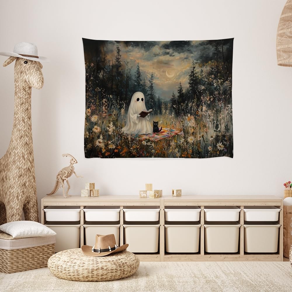Halloween Ghost and Black Cat Tapestry Wall Hanging Spooky Ghos Reading Book in Wildflowers Wall Decor Halloween Witchy Room Aesthetic Tapestries for Goth Living Room Bedroom Decoration 60x80inch