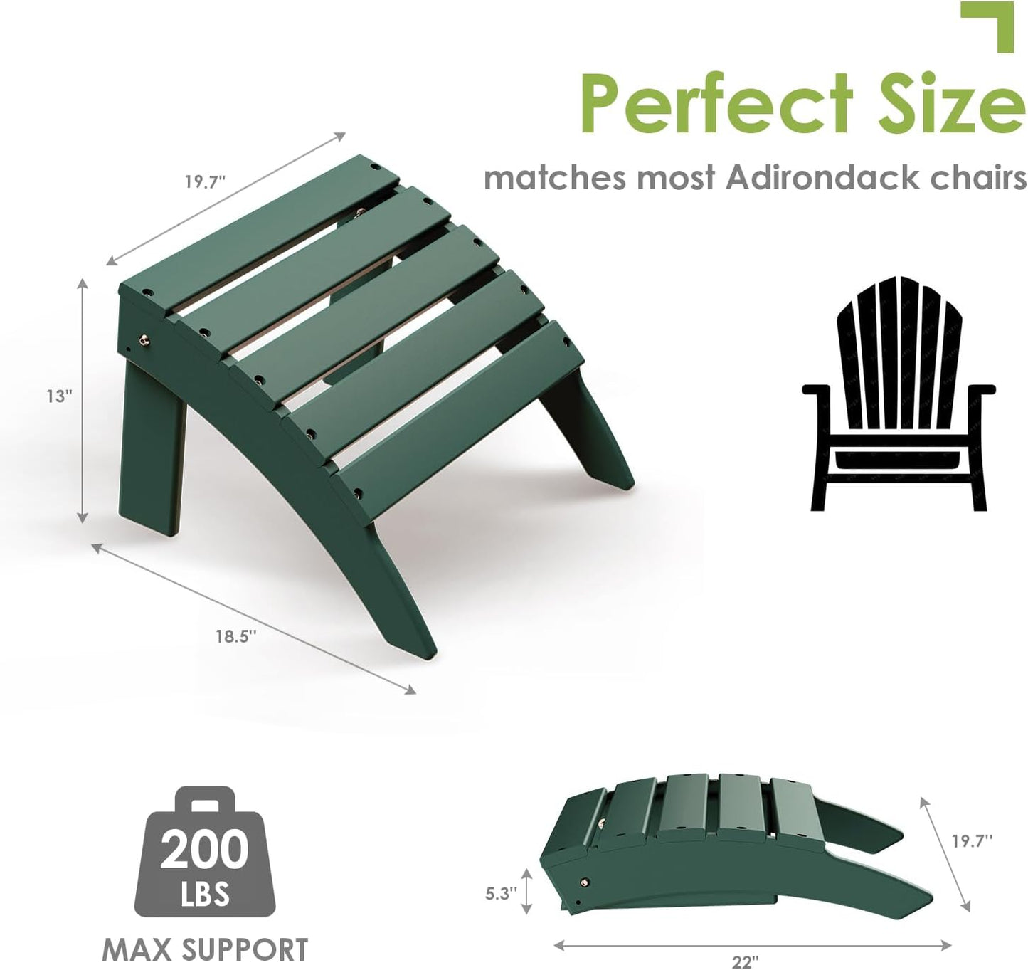 GREENVINES Adirondack-Ottoman | Set of 2 | HDPE Plastic | Outdoor Footrest | All Weather | Foot Rest | Foot Stool | Forest | for Adirondack Chair | for Patio Backyard Pool