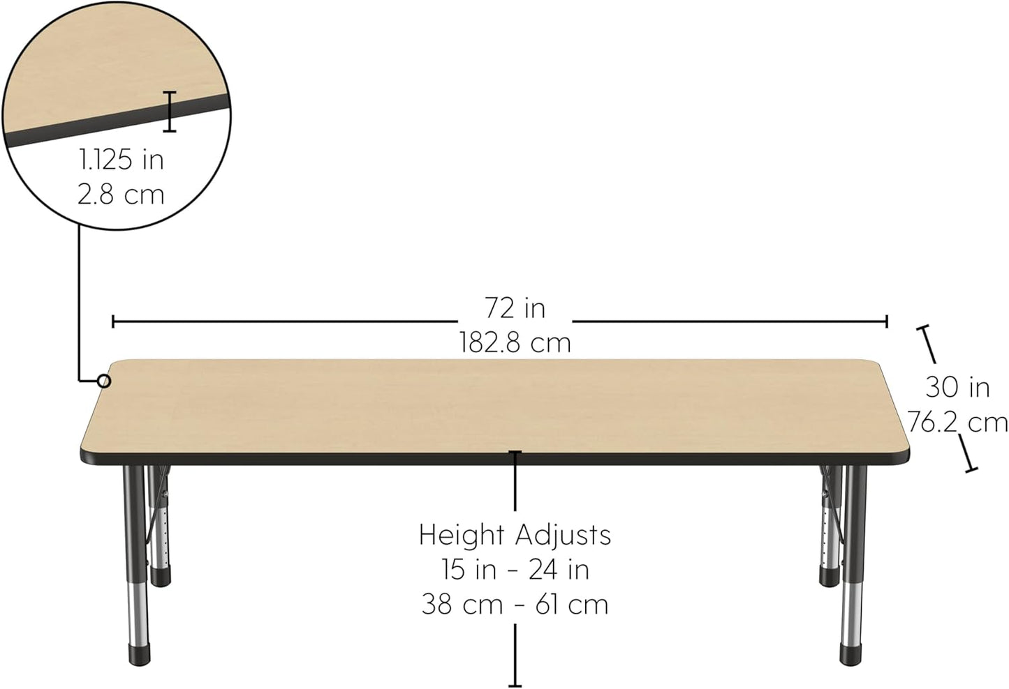 Factory Direct Partners FDP Rectangle Activity School and Classroom Kids Table (30 x 72 inch), Chunky Toddler Leg, Adjustable Height 15-24 inches - Maple Top and Black Edge
