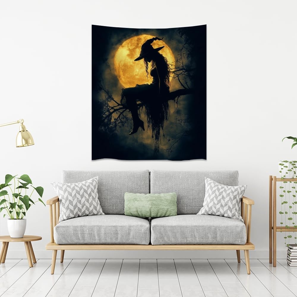 Halloween Witch Tapestry Wall Art Witchcore Moon Aesthetic Print Dark Academia Gothic Tapestries Wall Hanging Horror Ghost Halloween Party Decor for Home Living Room Bedroom 30x40inch