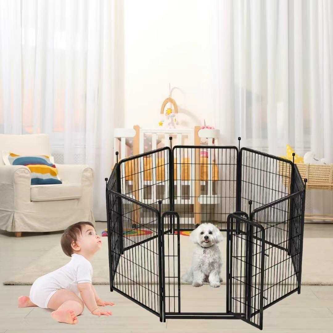 8 Panels Garden Fence with Gate, 48 in(H) X17.7 Ft(L) Wide Door Low Threshold, Heavy Duty Dog Fence Outdoor for Yard, Outdoor Dog Fence, Fencing for Garden Beds