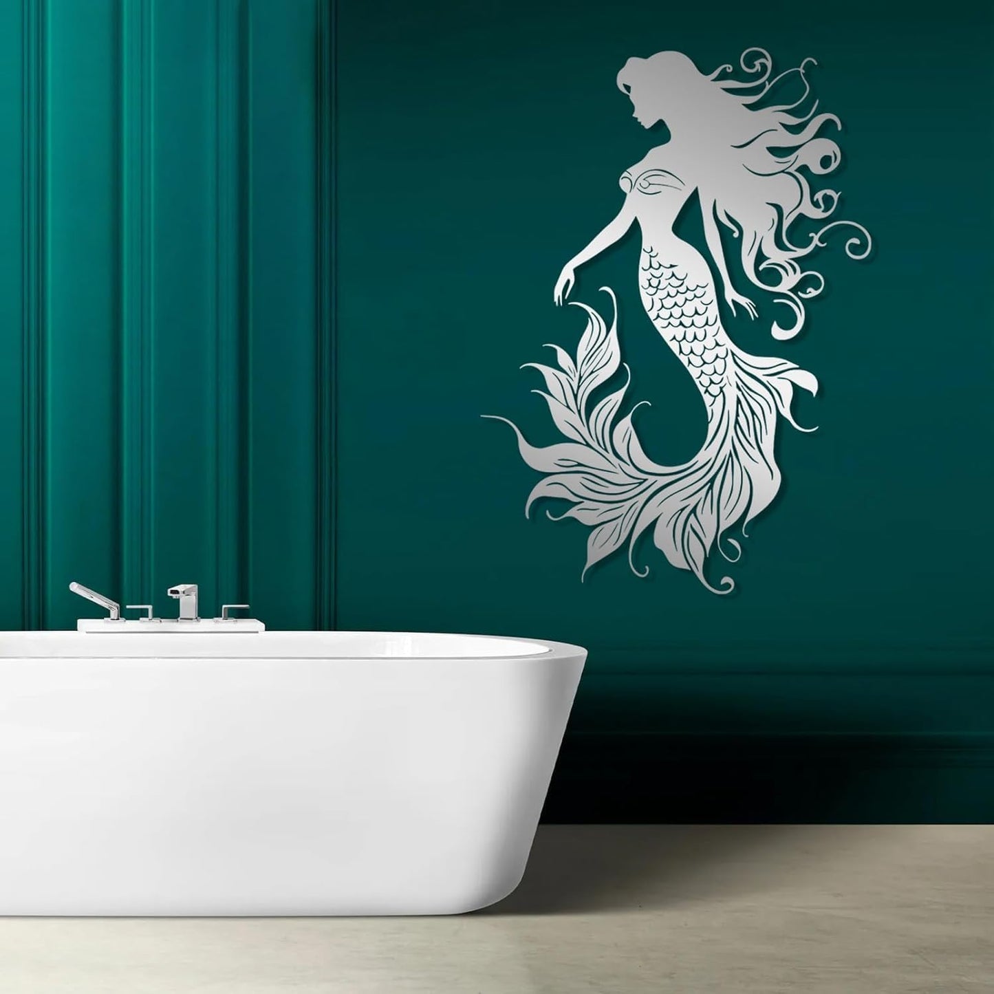 Veplsur Mermaid Metal Wall Art, Metal Mermaid Wall Decor, Marine Biology Wall Decor, Ocean Wall Art, Nautical Wall Hanging, Beach Hanging for Bathroom Bedroom (Silver, 48"x34"|121x86cm)