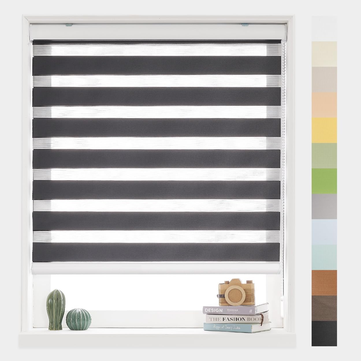 Foiresoft Standard Custom Zebra Roller Blinds for Windows [W10–105 x H10–115 Inch, Black, Basic], Light Filtering Dual Layer Shades for Bedroom, Living Room, Office, 13 Colors