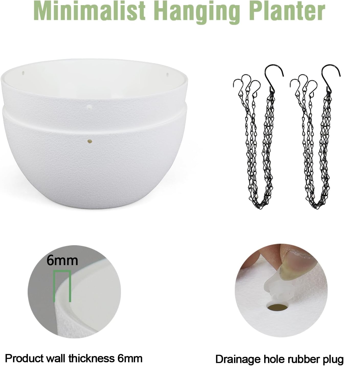 12 inch Large Hanging Planters for Indoor Outdoor Plants, 2 Pack Hanging Flower Pots with Drainage Holes and Chain for Garden Porch, Plastic Hanging Baskets for House Plants, White