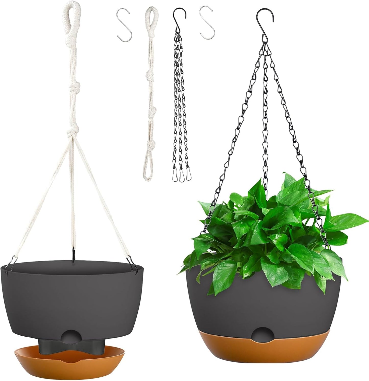 10 Inch Hanging Planters for Indoor & Outdoor Plants (2 Pack) - Self-Watering & Drainage Flower Pots with 2 Kinds of Plant Hangers for Home Decor & Garden (Deep Gray, 10 in)
