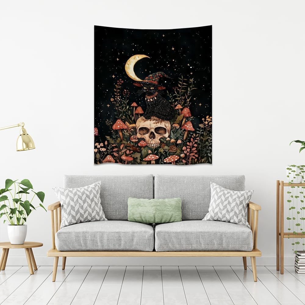 Halloween Witch Cat Tapestry Gothic Skull and Mushroom Artwork Print Spooky Halloween Witchy Wall Hanging Decor Black Cat Crescent Moon art Tapestries for Living Room Bedroom Decoration 60x80inch