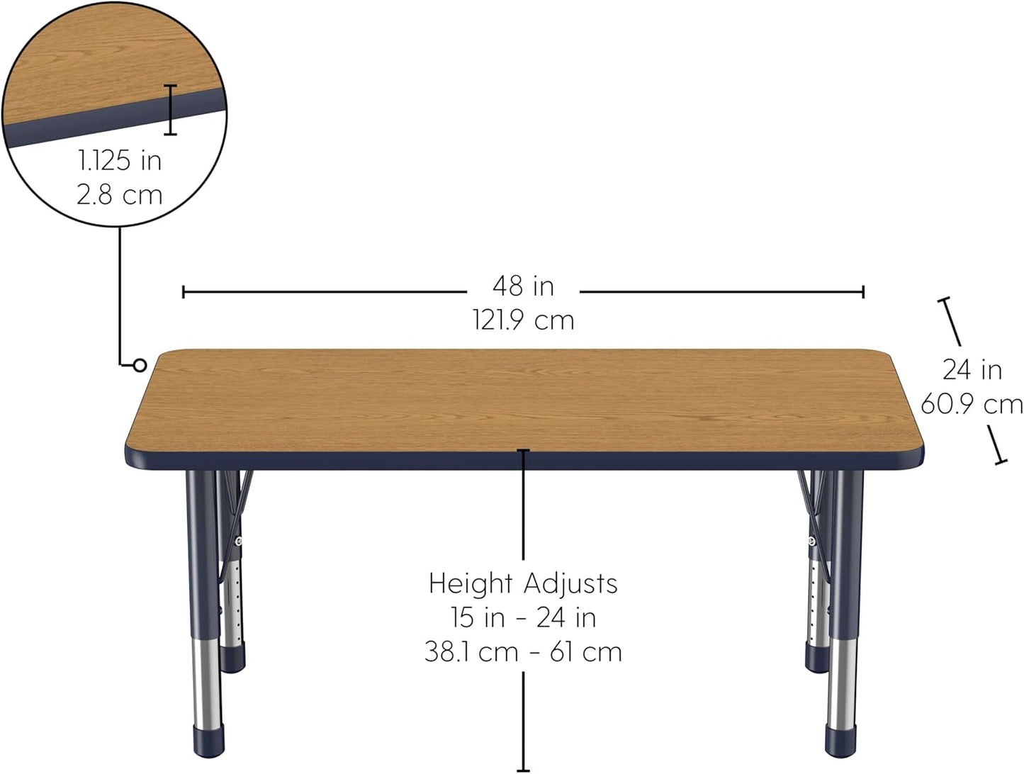 Factory Direct Partners FDP Rectangle Activity School and Kids Classroom Table (24 x 48 inch), Toddler Legs, Adjustable Height 15-24 inches - Oak Top and Navy Edge