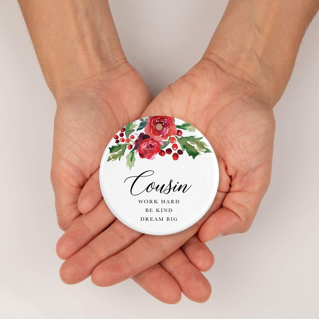 Andaz Press Round Ceramic Porcelain Christmas Tree Ornament Keepsake Gift for Cousins, Cousin Work Hard Be Kind Dream Big, 1-Pack, Includes Ribbon and Gift Box