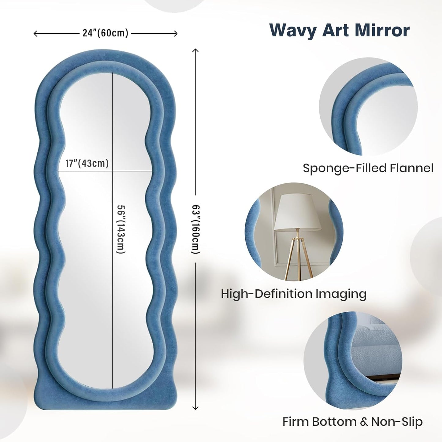 Full Length Mirror 63"x24" Arched Wavy Full Body Wall Mounted Floor Mirror with Stand Blue Flannel Frame Leaning Hanging Wall Mirror for Bedroom Entrance