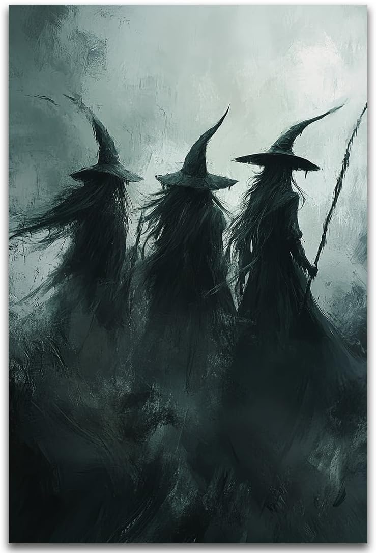Gothic Witchs Horror Halloween Wall Art,Three Witches in Moody Forest Painting Wall Decor,Autumn Spooky Witches Forest Canvas Printing For Gallery Living Room Bedroom,24"x36" Unframed