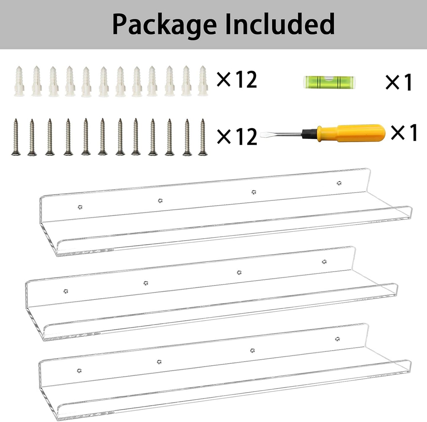 Weiai Clear Acrylic Floating Shelves 24 inches, Wall Bookshelf for Kids, Transparent Book Shelf Ledge for Wall, Set of 3