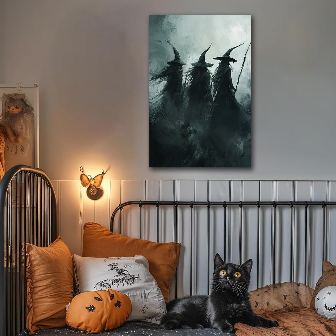 Gothic Witchs Horror Halloween Wall Art,Three Witches in Moody Forest Painting Wall Decor,Autumn Spooky Witches Forest Canvas Printing For Gallery Living Room Bedroom,24"x36" Unframed