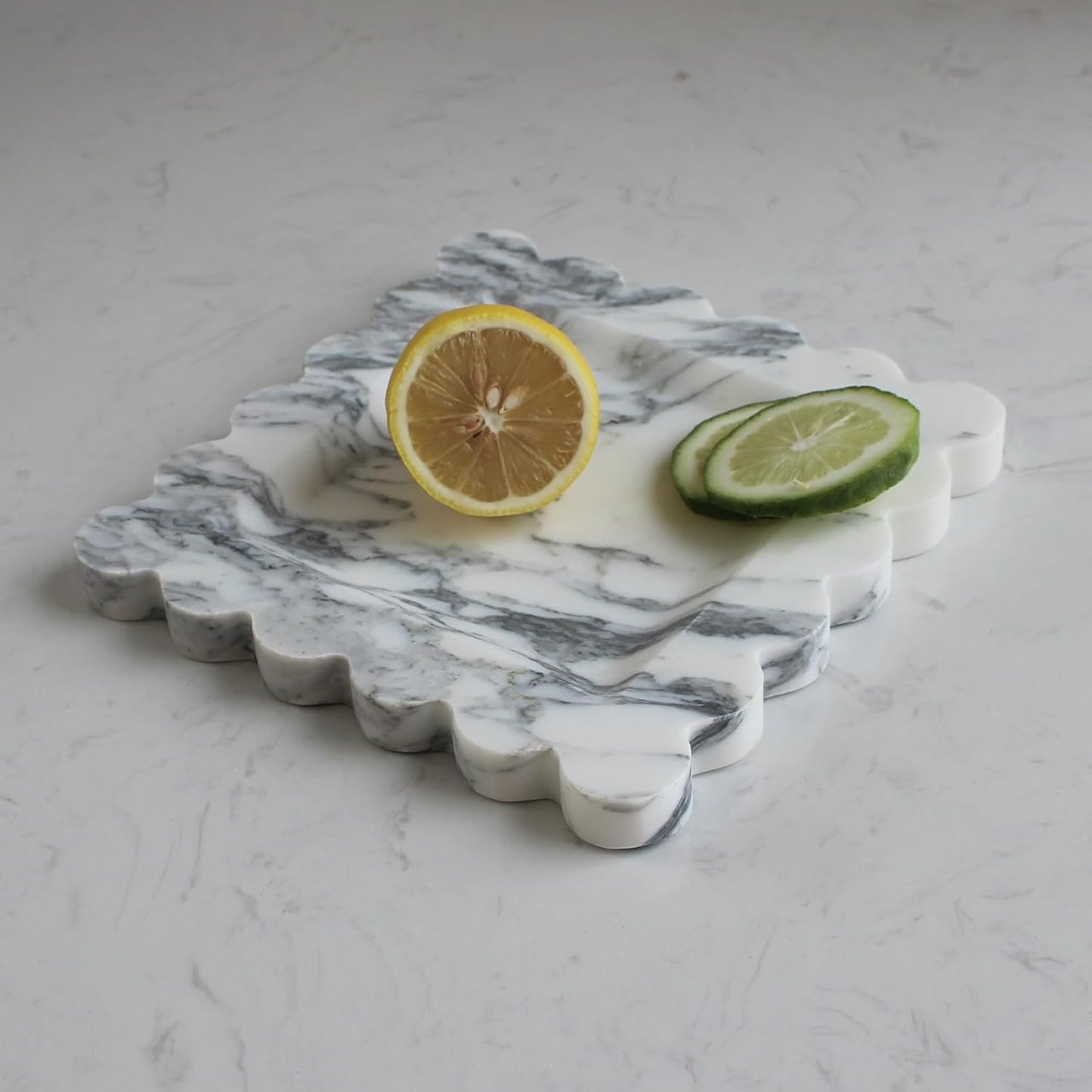 Natural Luxury Marble Tray with Scalloped Edge, Handmade Square Decorative Tray, Catch All Tray for Counter, Dresser, Nightstand and Home Décor (Arabescato Calacatta)