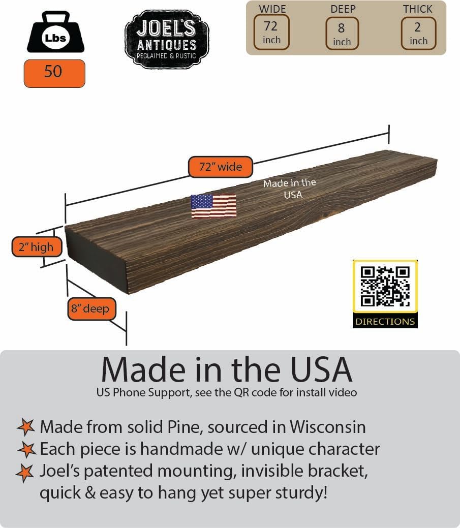 joelsantiques 72 Inch Wooden Floating Shelves for Wall - 72x8x2 in - Made of Natural Wood - Long Heavy Duty Rustic Wall Shelves for Bedroom - Perfect for Living Room, Kitchen - Medium Brown