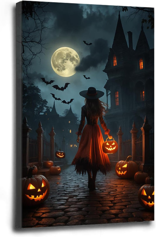 Halloween theme poster moonlit autumn night witch vintage poster art print dark college style gothic painting canvas wall decoration bedroom living room ideal gift16x24in Wood Framed