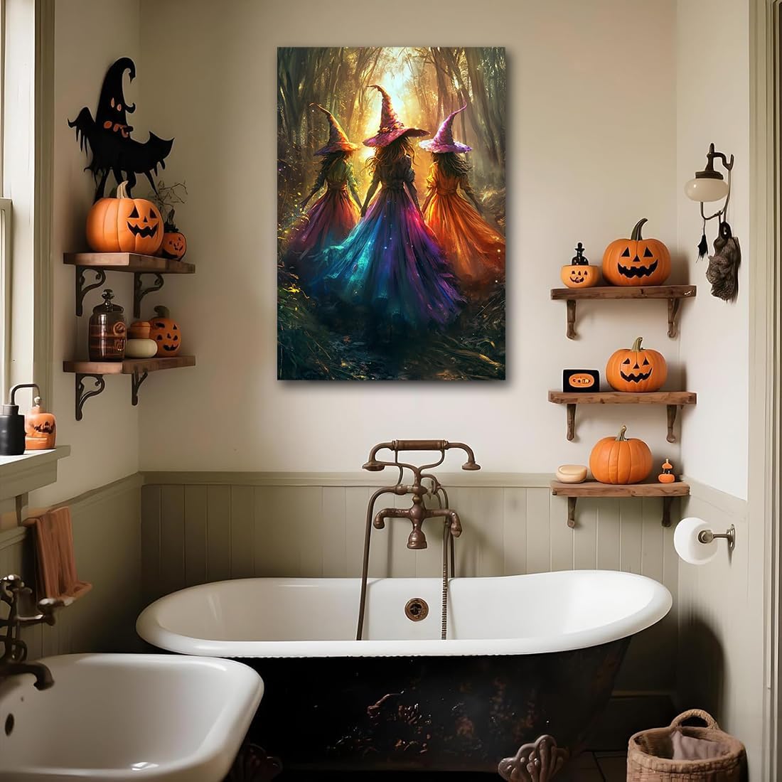 Halloween Room Decor Wall Art Colorful Witch Prints,Vintage Three Colorful Witches in Forest Halloween Posters,Fall Fantasy Aesthetic Pictures Playful Art Wall Decor for Bedroom,24"x36" Framed