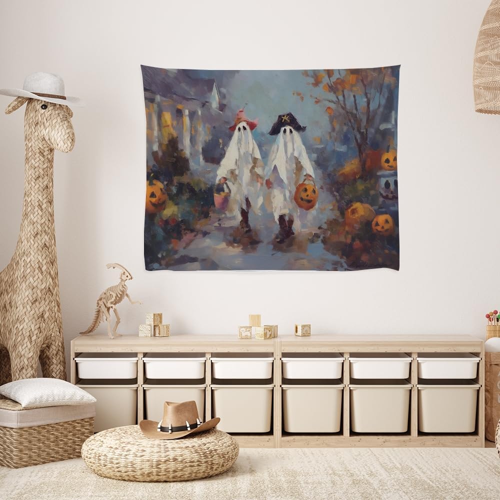 Funny Halloween Ghost Tapestry Wall Hanging Cute Kids Nursery Room Decor Trick or Treat Art Print Goth Fall Pumpkin Ghost Tapestries for Living Room Bedroom wall Decor 30x40inch