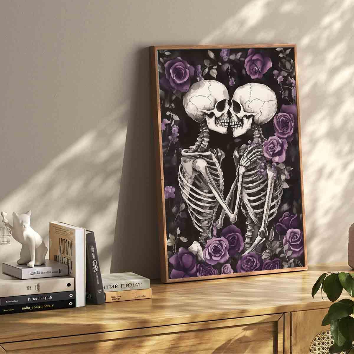 Gothic Skull Wall Art Skeleton Lover Poster Gothic Skull Wall Art Vintage Skeleton Print Horrible Posters Kissing Poster Dark Moody Paintings Dark Academia Canvas Living Room Decor 16x24inch No Frame
