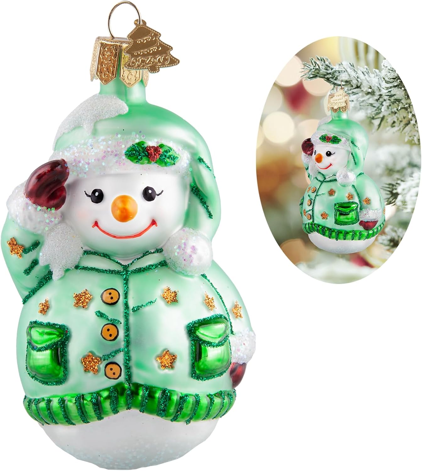 Snowman Christmas Ornaments,Glass Blown Ornaments for Christmas Tree,Green Snowman Collection Figurine Hanging Ornaments,Christmas Decorations for Xmas Tree Holiday Party Daily Gifts