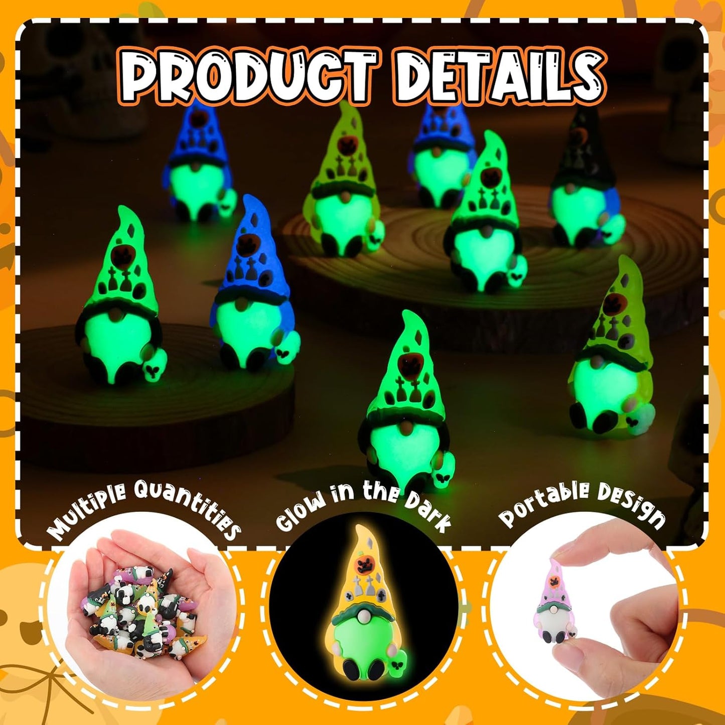 Wesiti 50 Pcs Luminous Halloween Mini Gnomes Figurines Bulk Glow in Dark Miniature Ornaments Hide and Seek Tiny Gnomes Figures Statue Halloween Party Favor Bag Fillers Garden Dollhouse Decor Gifts