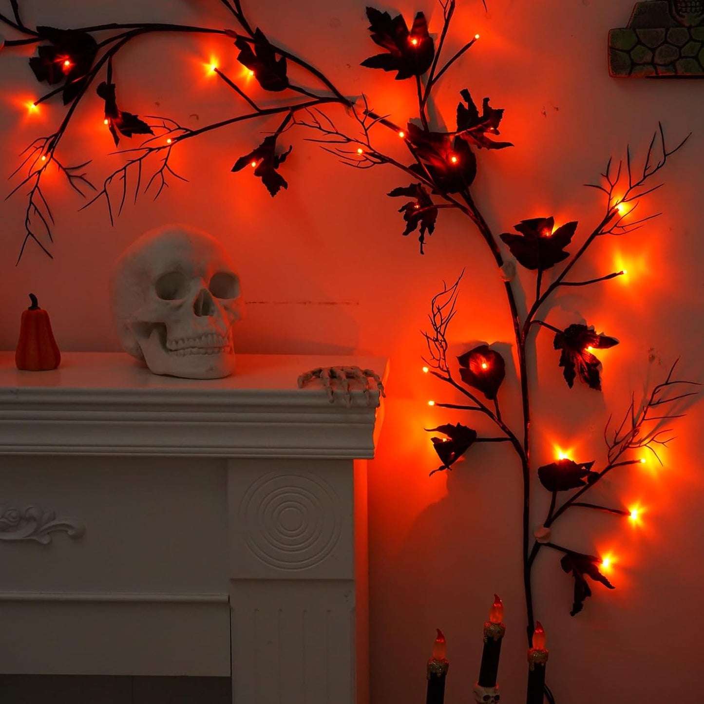 Halloween Lighted Willow Vine Twig Decoration, 6.56 FT Light up Garland Battery Operated with Orange LED Lights, 8 Modes and Timer, 12 Pumpkin and Ghost Ornaments, 4 Adhesive Hooks