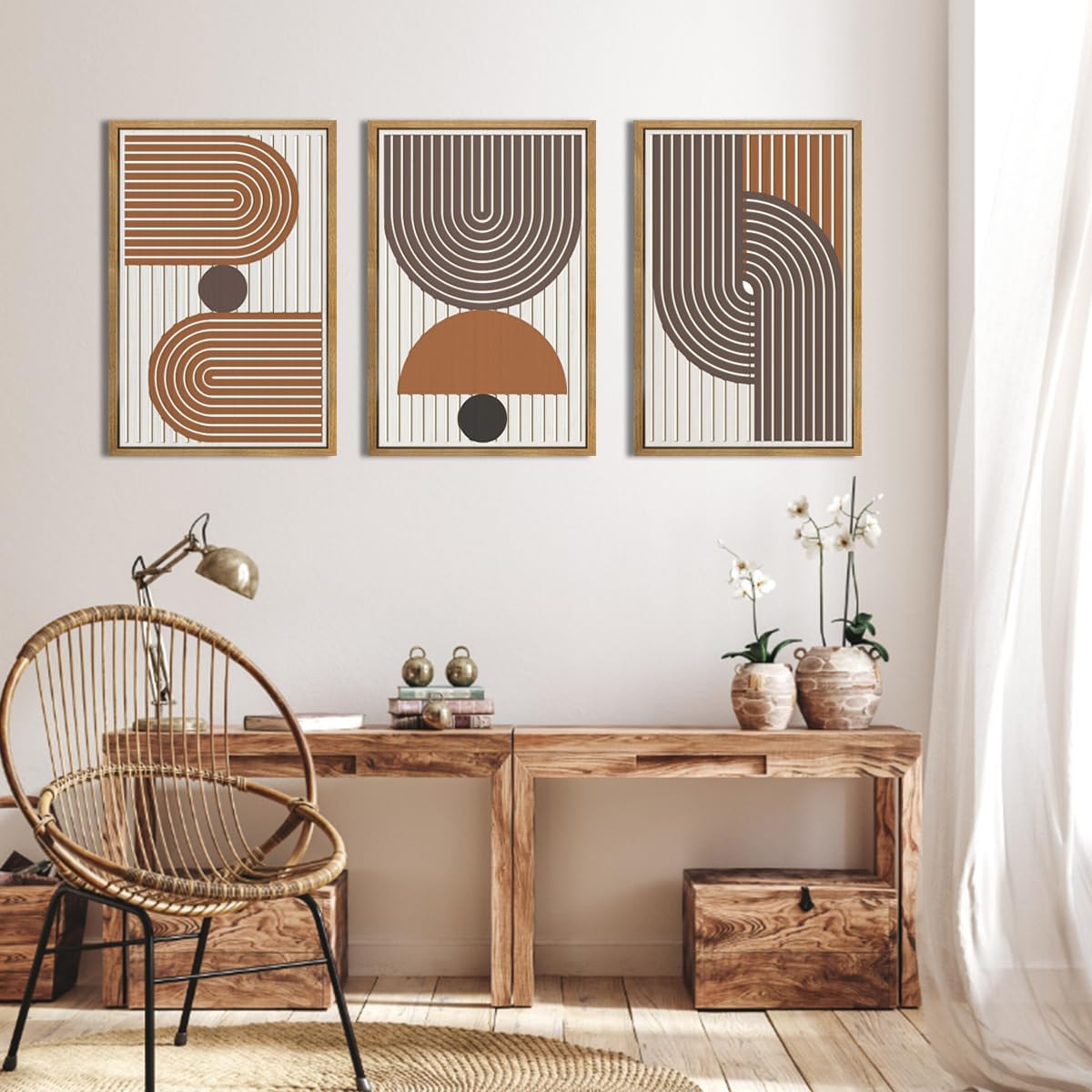 Mid Century Boho Modern Wall Art Set Abstract Geometric Wooden Wall Decor Minimalist Line Neutral Artwork Mid Century Wood Art Decor for Living Room Bedroom Office-16x24Inch x3