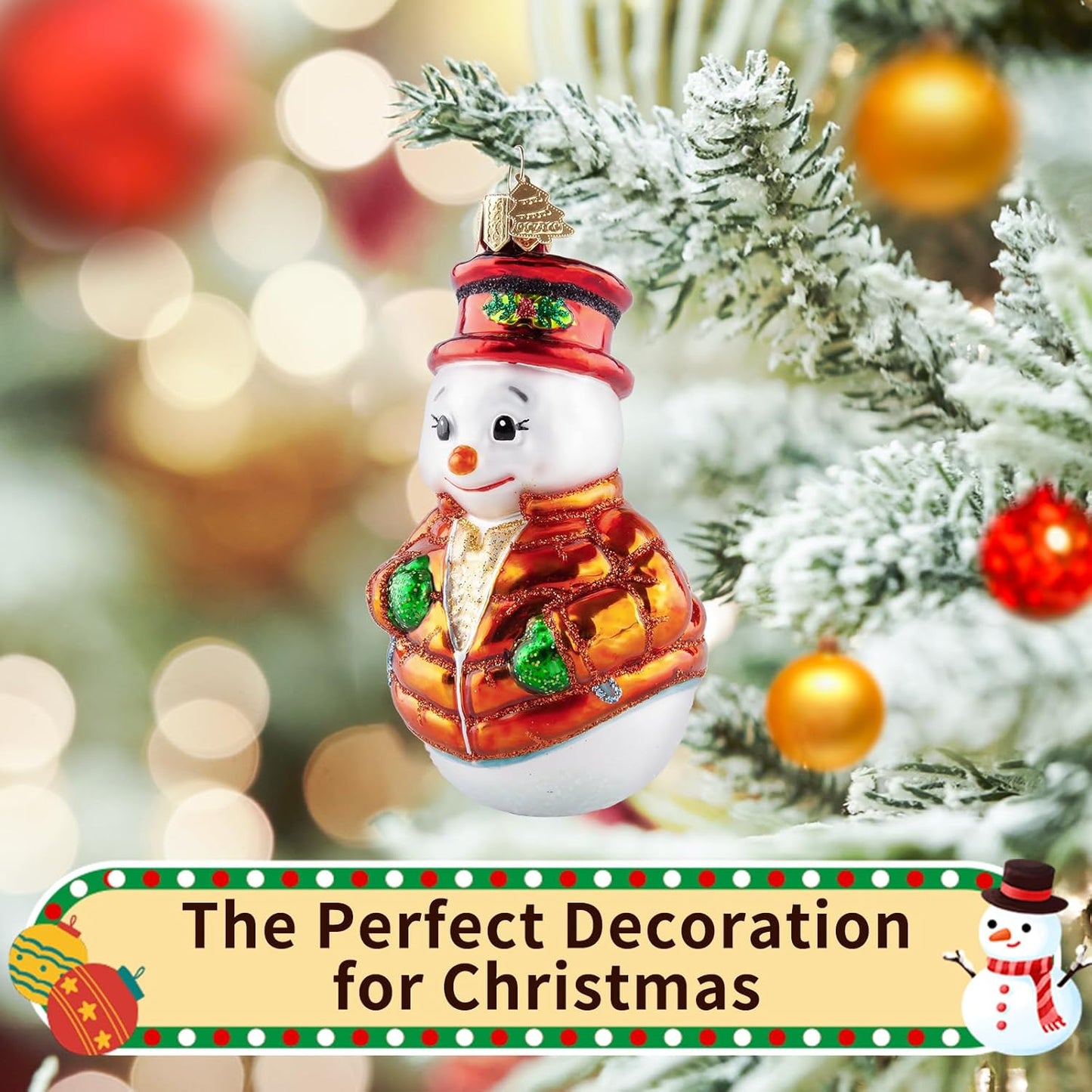 Snowman Christmas Ornaments,Blown Glass Ornaments for Christmas Tree,Leaf Hat Snowman Collection Figurine Hanging Ornament,Christmas Decorations for Xmas Tree Birthday Party Home Gifts