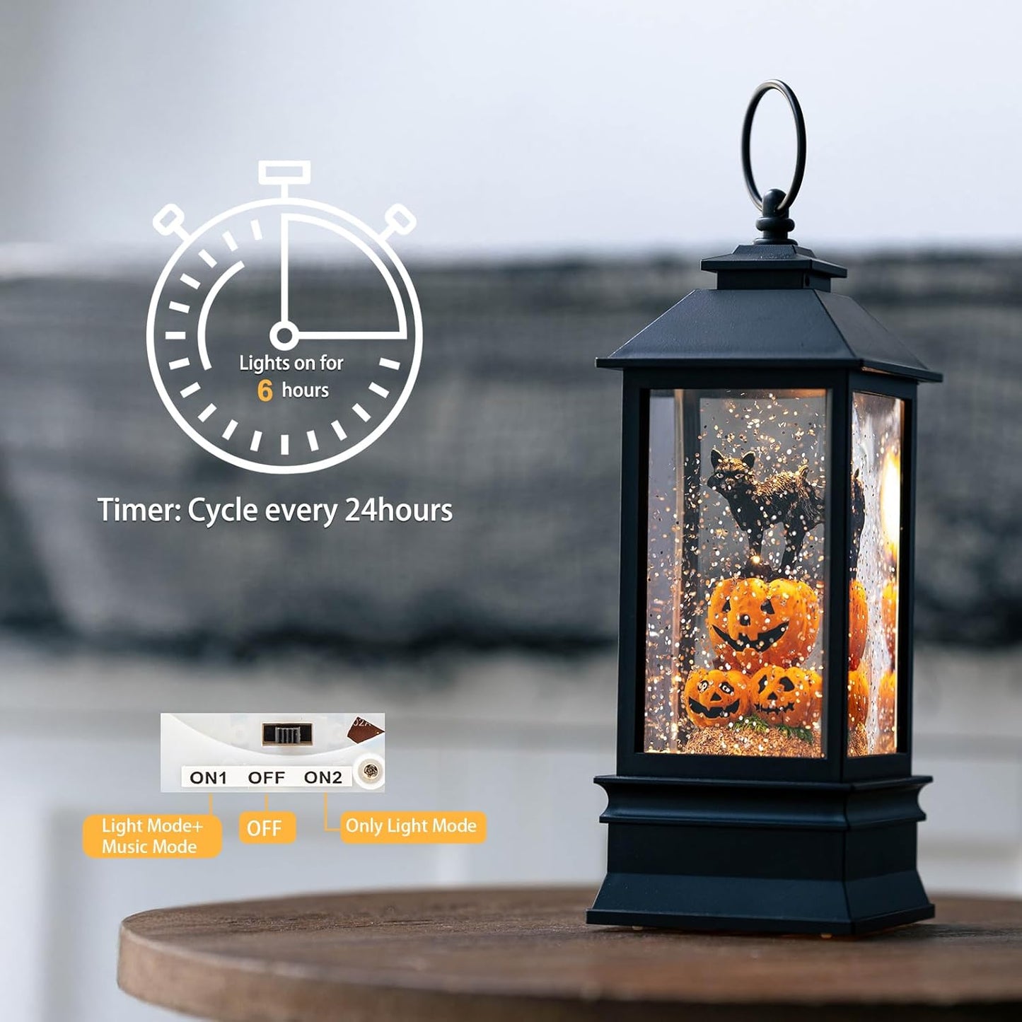 10'' Halloween Snow Globe Lantern Lighted Musical Water Lantern Spooky Pumpkin and Witch' s Black Cat Combo with Swirling Glitter, Battery Operated or USB Powered