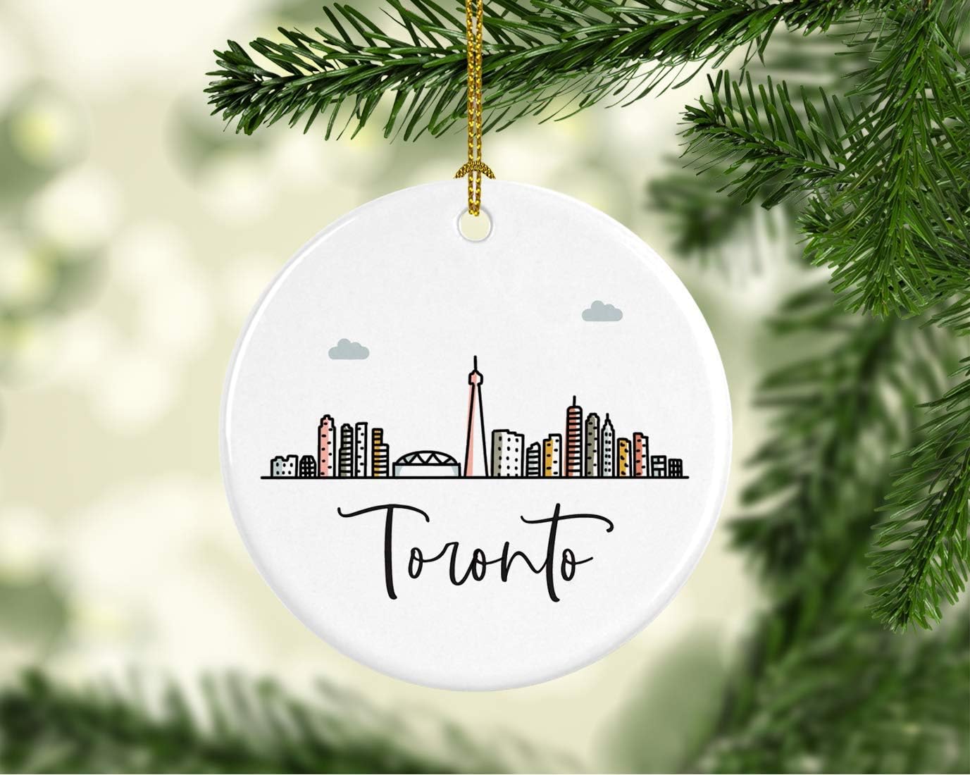 Andaz Press Round Ceramic Porcelain Christmas Tree Ornament Keepsake Gift, Toronto, Colorful International City Skyline Graphic, 1-Pack, Birthday Ideas Family Coworker Him Her, Gift Box