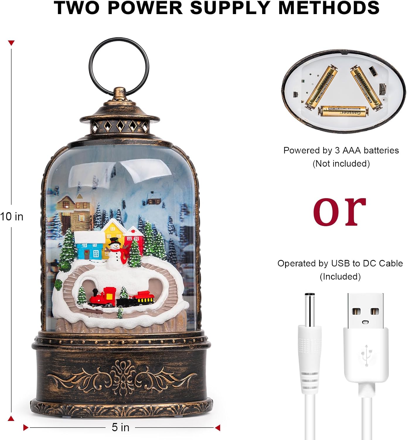 Christmas Snow Globe Lantern Water Glittering Snowman & Train with Music & Timer, USB Lined/Battery Operated Lighted Lantern for Christmas Festival Decoration Gifts
