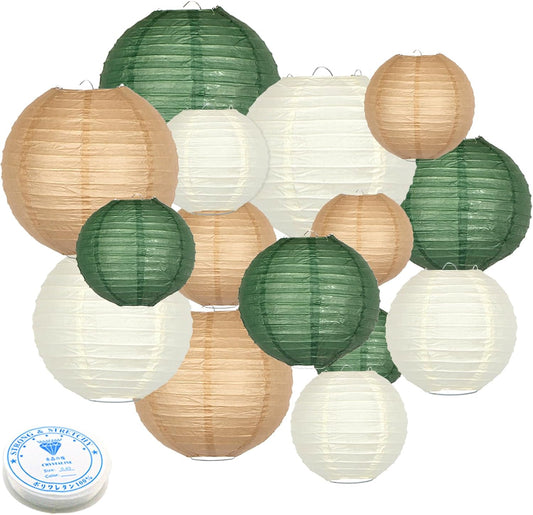 Green Round Chinese Paper Lanterns Decorative 15pcs Hanging Paper Lantern for Rustic Wedding Jungle Wonderland Themed Birthday Party Baby Shower