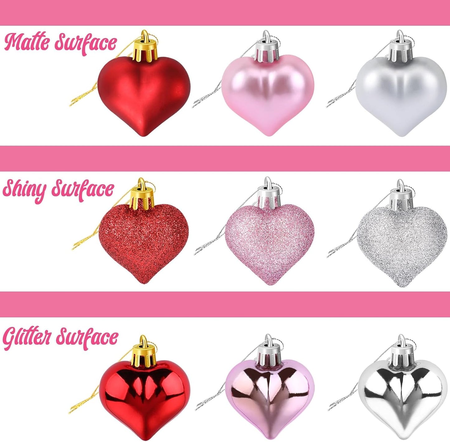 JULMELON 24Pcs Valentine's Day Heart Shaped Ornaments Romantic Valentines Heart Hanging Tree Ornaments Decorations for Home Valentine Tree Wedding Party (Red, Pink,Rose Gold and Silver)