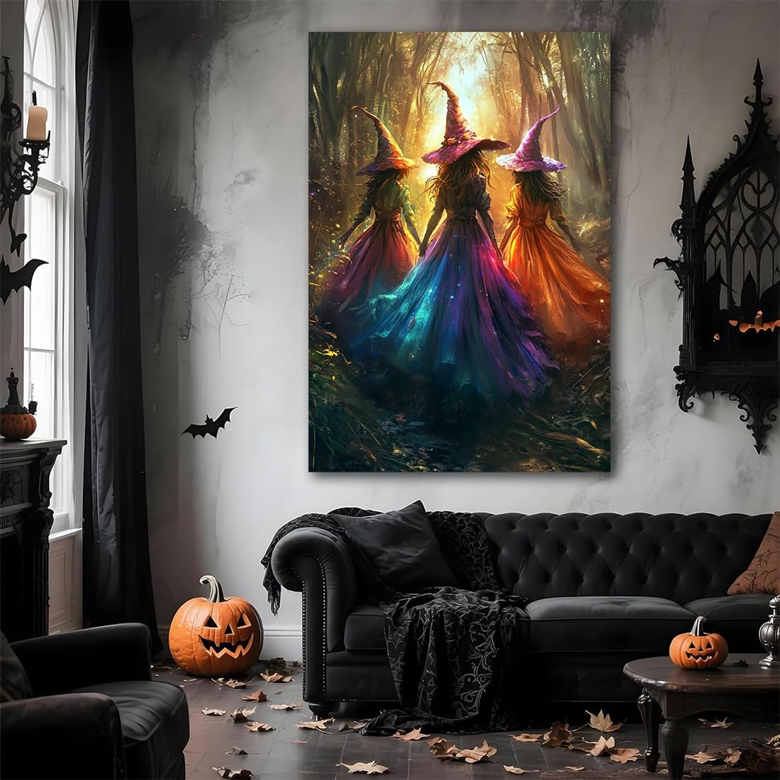 Halloween Room Decor Wall Art Colorful Witch Prints,Vintage Three Colorful Witches in Forest Halloween Posters,Fall Fantasy Aesthetic Pictures Playful Art Wall Decor for Bedroom,16"x24" Unframed