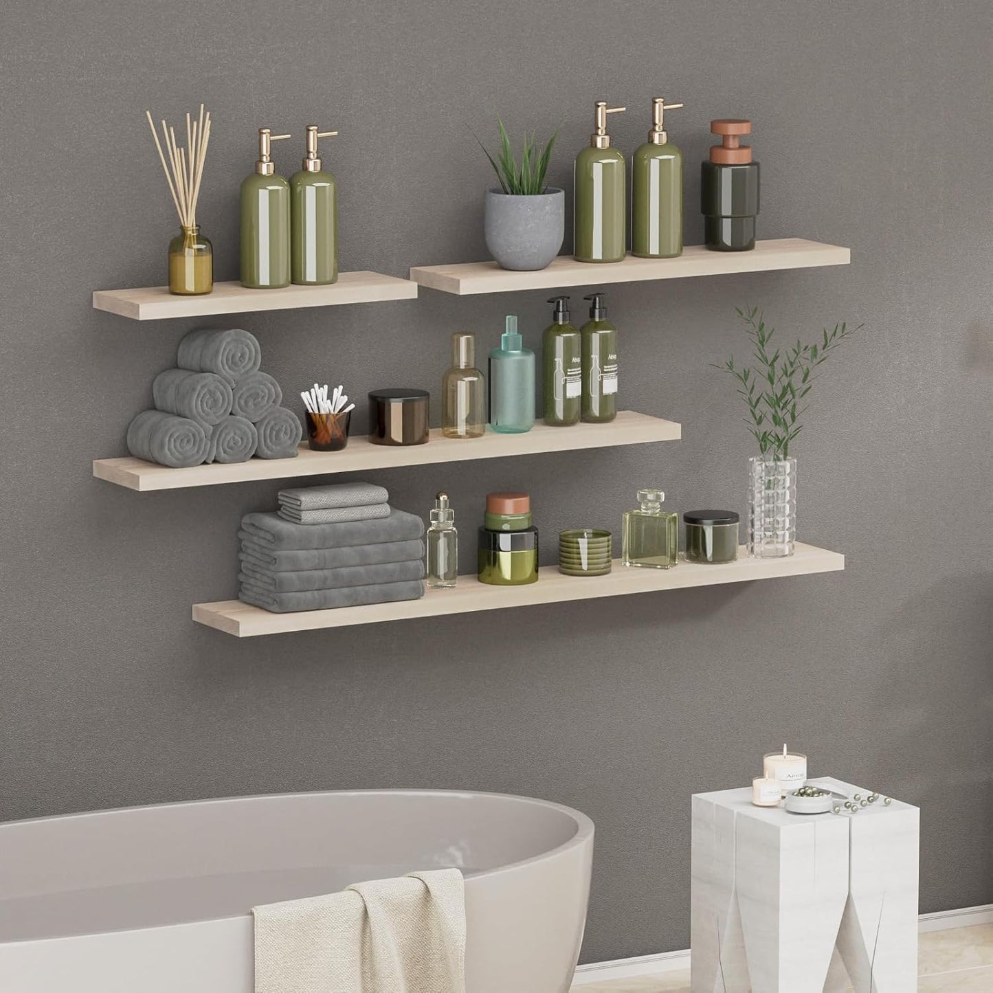 SAUMONIERES Floating Shelves 8 Inch Deep Solid Wood Wide Wall Shelf Set of 1 Wall Mounted for Bedroom Bathroom Living Room Kitchen, 48 Inch Natural