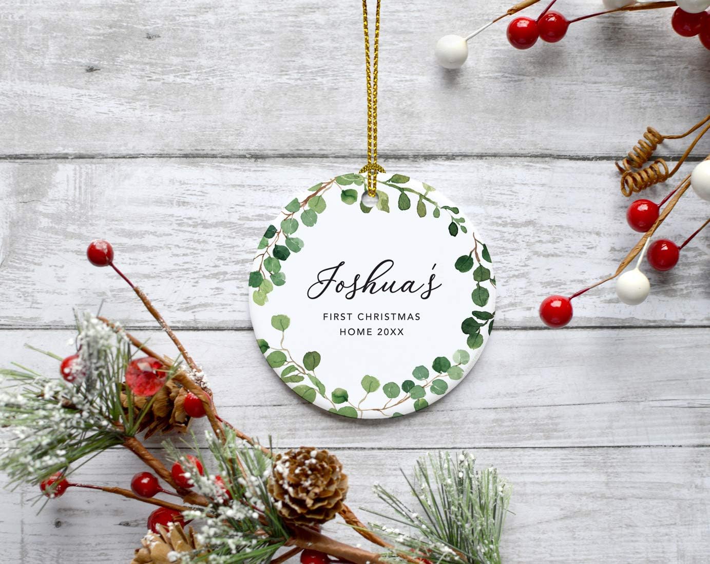 Andaz Press Personalized Round Ceramic Porcelain Christmas Tree Ornament Keepsake Collectible Adoption New Baby Gift, Joshua's First Christmas Home 2025, Farmhouse Eucalyptus Wreath, 1-Packs