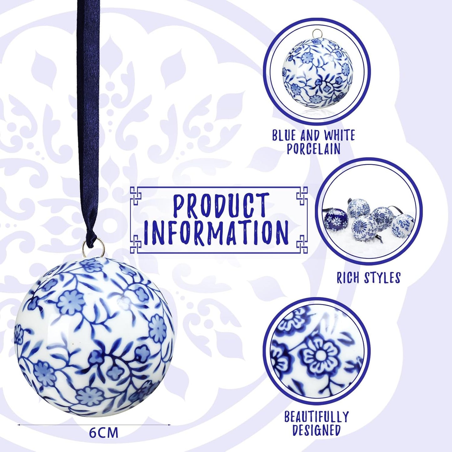 Cindeer 6 Pcs Blue and White Christmas Porcelain Balls 2.4 Inch Porcelain Chinoiserie Ornament Bulk Christmas Ceramic Hanging Decorative for Tree Home Xmas Party (Classic Style)