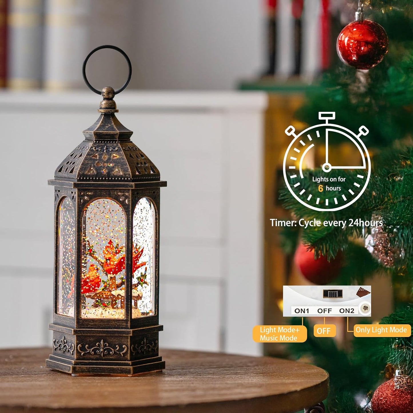 Christmas Snow Globe Lantern Water Glittering 10.5'' Cardinal with Music& Timer, USB Lined/Battery Operated Lighted Lantern for Christmas Festival Decoration Gifts