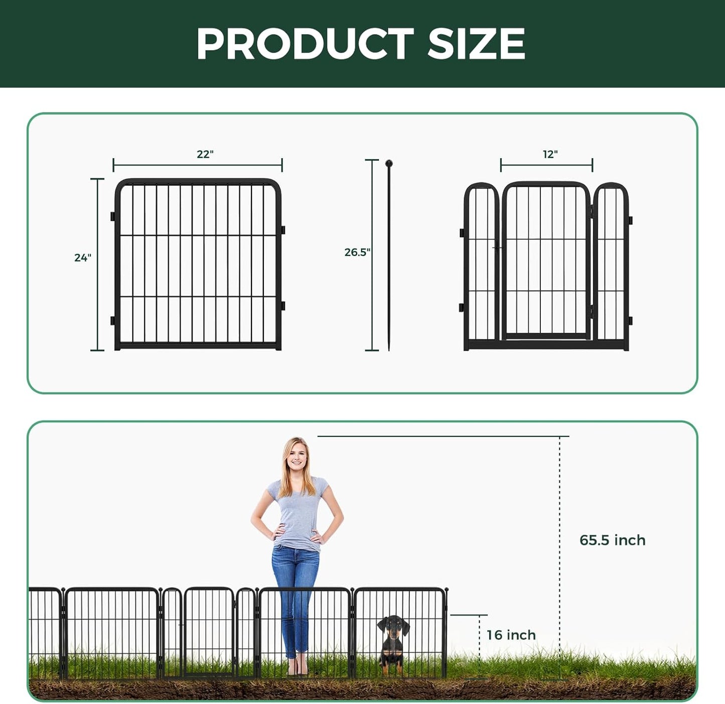 FXW Garden Fence 24in(H) x 22.2ft(L), 12 Panels Decorative Dog Fence Outdoor for The Yard – Heavy Duty Metal Animal Barrier for Dog and Rabbit, Easy Setup, Black