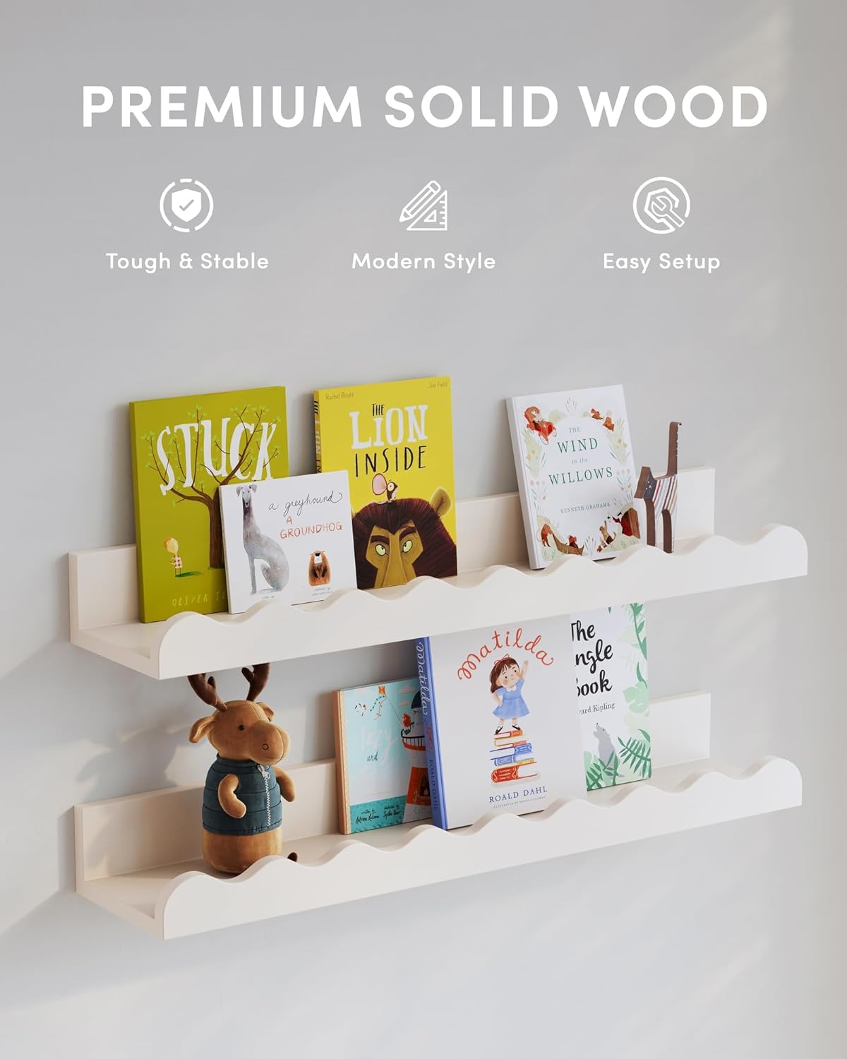 Kids' Bookshelf Set of 4 - White Floating Nursery Book Shelves, Picture Ledge Shelf for Wall Decor and Storage - Perfect for Books, Toys, Photo Frames, and Nursery Décor