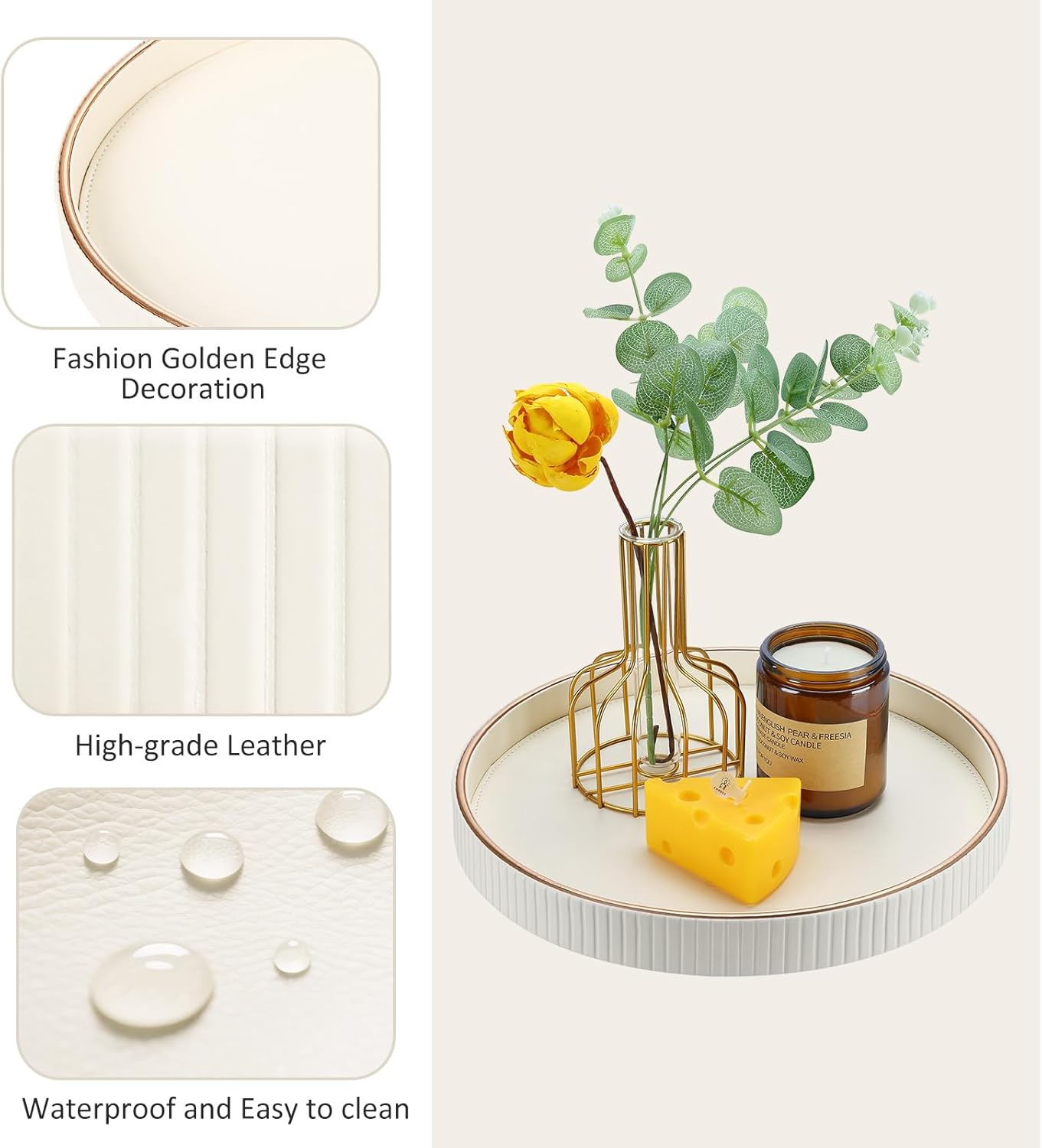 KINGFOM Decorative Serving Tray, PU Leather Valet Nightstand Desk Organizer for Men Women, Round Tray Decor for Coffee Table/Home Decor, Modern Decorative, Centerpiece (Ivory White)