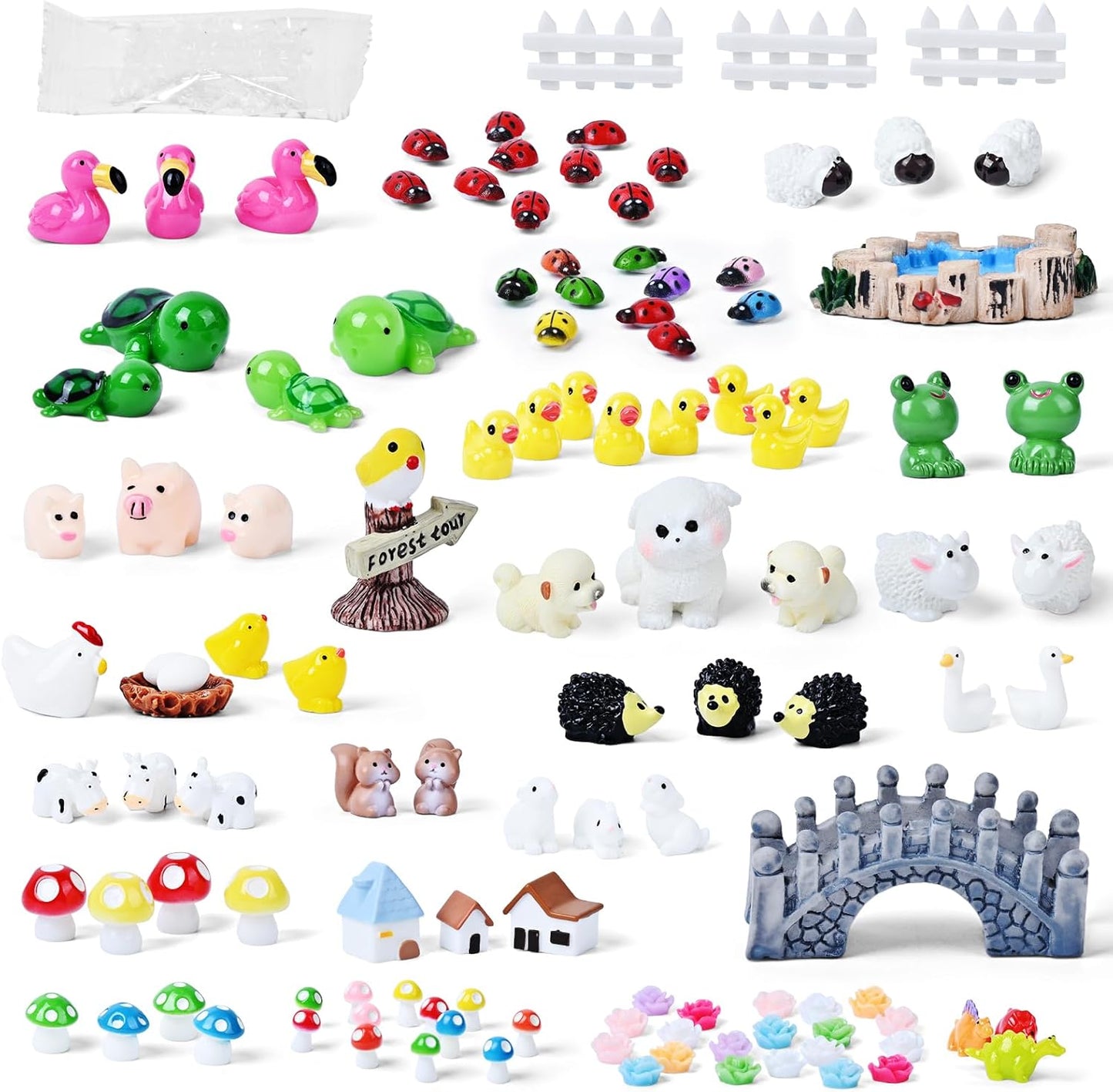 120 Pcs Fairy Garden Accessories, Micro Landscape Ornaments Kit, Mini Resin Animals with Fairy Tiny House for Home Outdoor and Plant House Decor