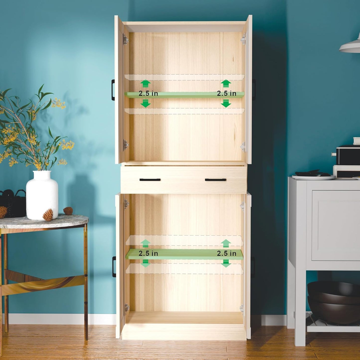 Oak Kitchen Pantry, 71" Tall Storage Cabinet with Doors and Drawer for Kitchen, Hallway, Office